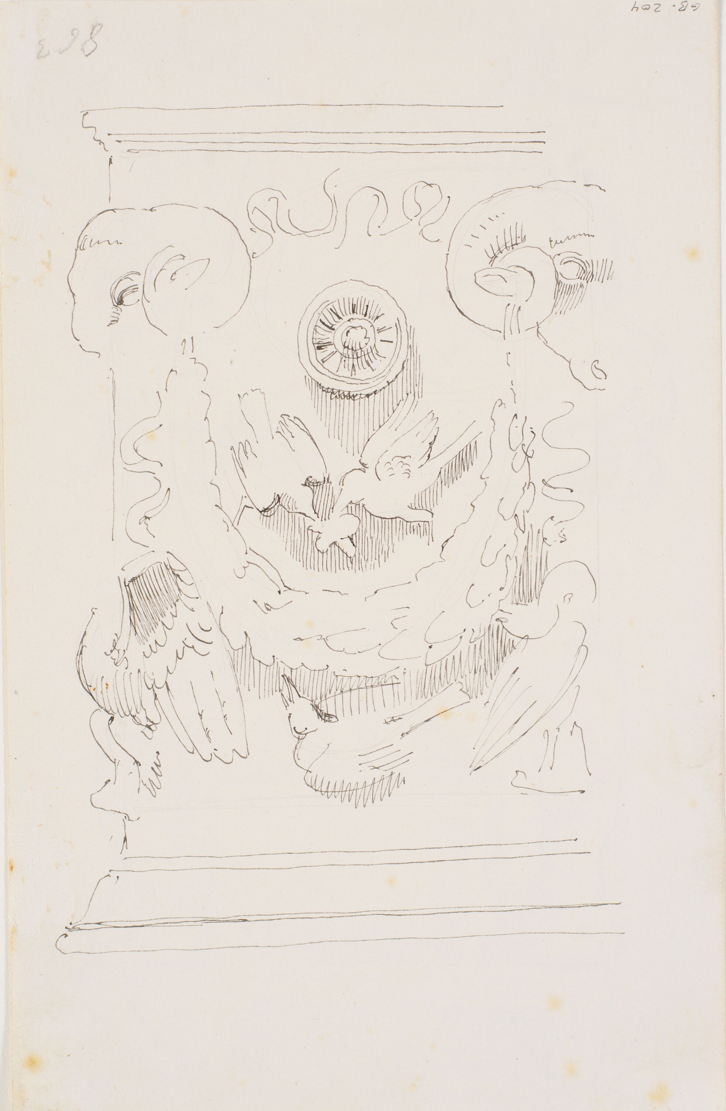 Studie af en romersk askekiste. Den anden side - iflg. arkkatalog - af den kiste, som er skildret i Td 732,65 recto / kksgb204.